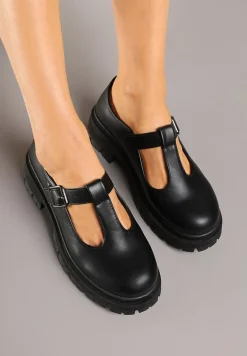 Czarne Półbuty na Platformie Ozdobionej Tłoczeniem ze Sprzączkami Vaiethina