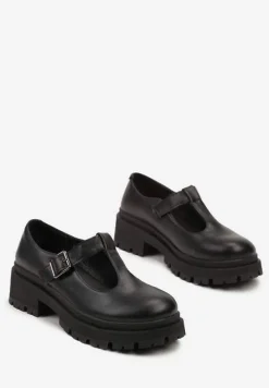 Czarne Półbuty na Platformie Ozdobionej Tłoczeniem ze Sprzączkami Vaiethina