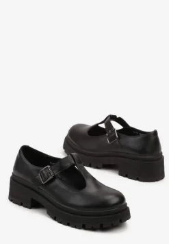 Czarne Półbuty na Platformie Ozdobionej Tłoczeniem ze Sprzączkami Vaiethina