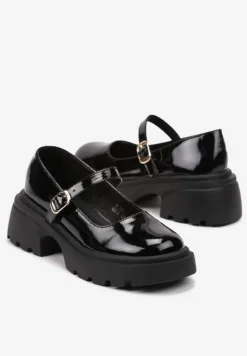 Czarne Półbuty na Platformie w Stylu Mary Jane z Paskiem Vailin