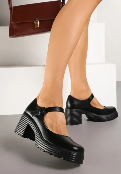 Czarne Półbuty na Platformie i Słupku w Stylu Mary Jane ze Sprzączką Rivora