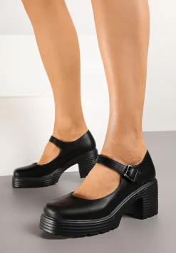 Czarne Półbuty na Platformie i Słupku w Stylu Mary Jane ze Sprzączką Rivora