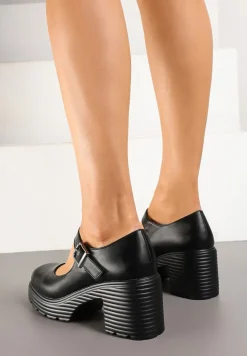 Czarne Półbuty na Platformie i Słupku w Stylu Mary Jane ze Sprzączką Rivora