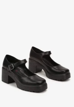 Czarne Półbuty na Platformie i Słupku w Stylu Mary Jane ze Sprzączką Rivora
