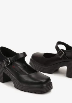 Czarne Półbuty na Platformie i Słupku w Stylu Mary Jane ze Sprzączką Rivora