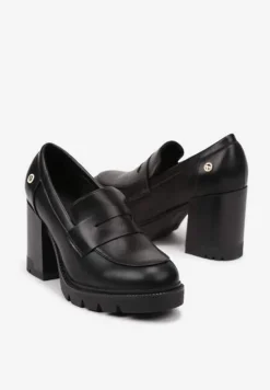 Czarne Półbuty na Platformie z Tłoczeniem i Słupku z Metaliczną Aplikacją Ravalisse