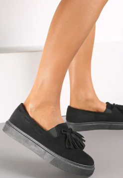 Czarne Półbuty na Platformie z Frędzlami i Elastycznymi Wstawkami Fioled