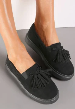 Czarne Półbuty na Platformie z Frędzlami i Elastycznymi Wstawkami Fioled