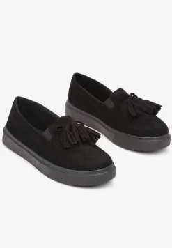 Czarne Półbuty na Platformie z Frędzlami i Elastycznymi Wstawkami Fioled