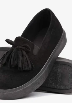 Czarne Półbuty na Platformie z Frędzlami i Elastycznymi Wstawkami Fioled