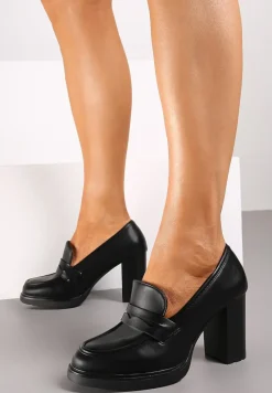 Czarne Półbuty na Słupku i Niskiej Platformie Ardiala