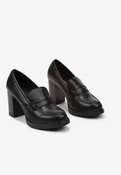 Czarne Półbuty na Słupku i Niskiej Platformie Ardiala