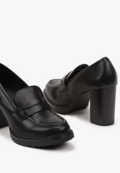 Czarne Półbuty na Słupku i Niskiej Platformie Ardiala