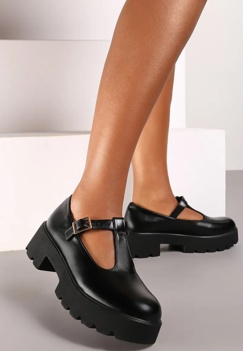 Czarne Półbuty na Słupku i Platformie Wykończone Paskiem ze Sprzączką Merinique