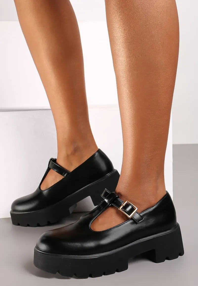 Czarne Półbuty na Słupku i Platformie Wykończone Paskiem ze Sprzączką Merinique