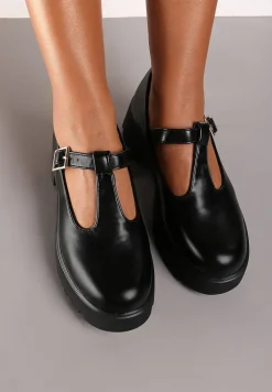 Czarne Półbuty na Słupku i Platformie Wykończone Paskiem ze Sprzączką Merinique
