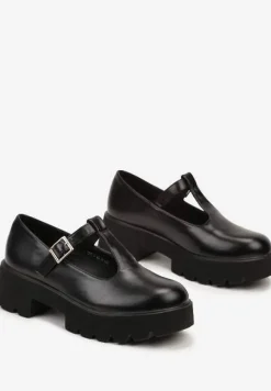 Czarne Półbuty na Słupku i Platformie Wykończone Paskiem ze Sprzączką Merinique