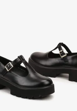 Czarne Półbuty na Słupku i Platformie Wykończone Paskiem ze Sprzączką Merinique