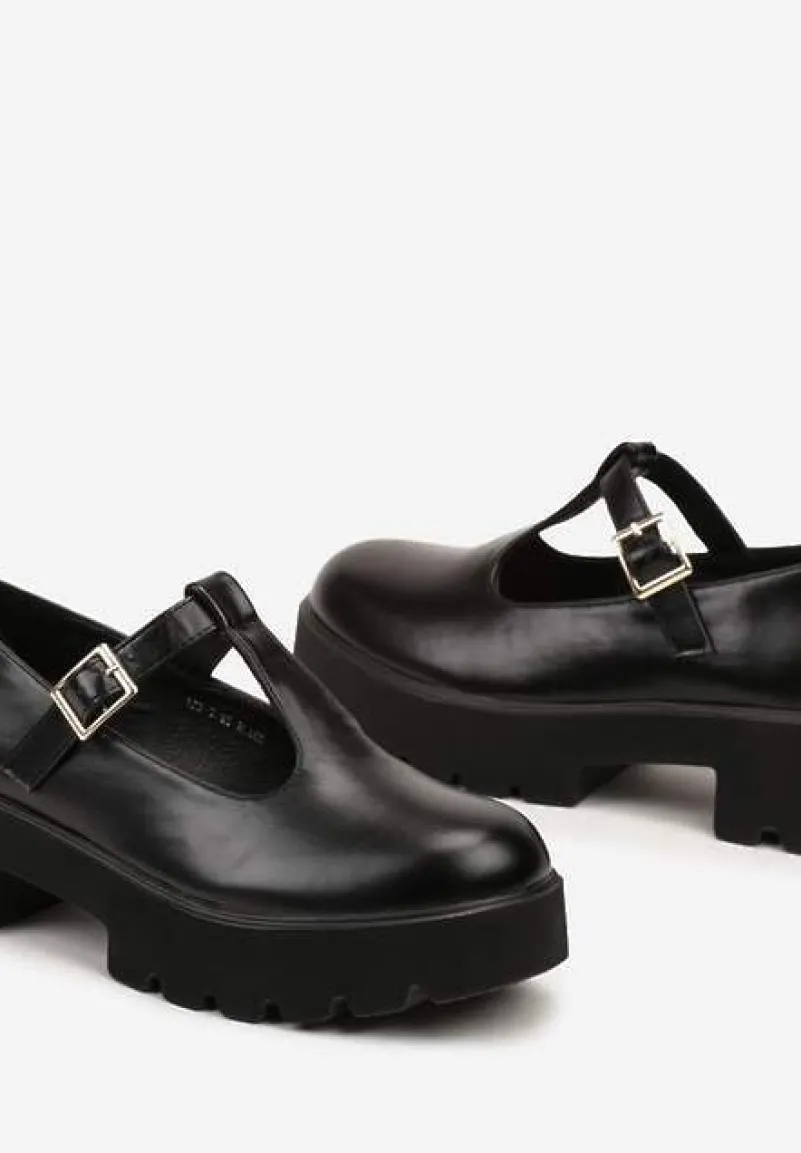 Czarne Półbuty na Słupku i Platformie Wykończone Paskiem ze Sprzączką Merinique