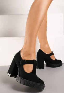 Czarne Półbuty na Słupku i Platformie ze Sprzączką i Wkładką ze Skóry Naturalnej Kaeilta
