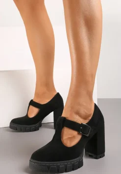 Czarne Półbuty na Słupku i Platformie ze Sprzączką i Wkładką ze Skóry Naturalnej Kaeilta
