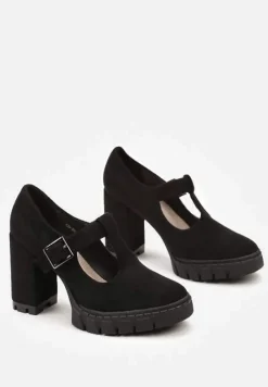 Czarne Półbuty na Słupku i Platformie ze Sprzączką i Wkładką ze Skóry Naturalnej Kaeilta