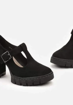Czarne Półbuty na Słupku i Platformie ze Sprzączką i Wkładką ze Skóry Naturalnej Kaeilta