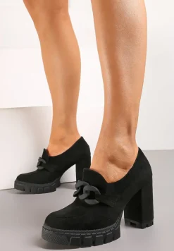 Czarne Półbuty na Słupku i Platformie z Klamerką i Wkładką ze Skóry Naturalnej Likorna