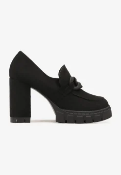 Czarne Półbuty na Słupku i Platformie z Klamerką i Wkładką ze Skóry Naturalnej Likorna