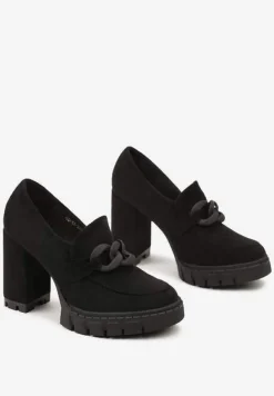 Czarne Półbuty na Słupku i Platformie z Klamerką i Wkładką ze Skóry Naturalnej Likorna