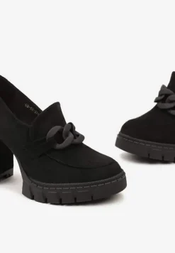 Czarne Półbuty na Słupku i Platformie z Klamerką i Wkładką ze Skóry Naturalnej Likorna