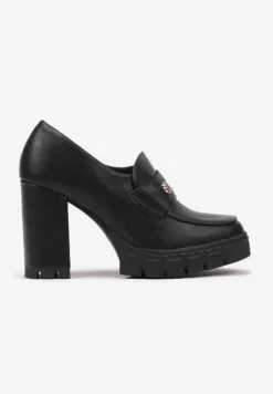 Czarne Półbuty na Słupku i Platformie z Tłoczeniem w Stylu Mokasynów z Ozdobą z Przodu Teralena