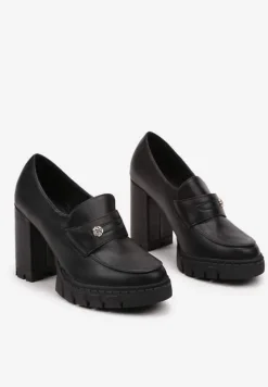 Czarne Półbuty na Słupku i Platformie z Tłoczeniem w Stylu Mokasynów z Ozdobą z Przodu Teralena