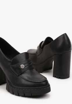 Czarne Półbuty na Słupku i Platformie z Tłoczeniem w Stylu Mokasynów z Ozdobą z Przodu Teralena