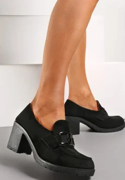 Czarne Półbuty na Słupku Ozdobione Klamerką Nicarda