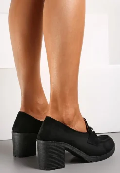 Czarne Półbuty na Słupku Ozdobione Klamerką Nicarda