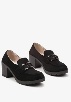 Czarne Półbuty na Słupku Ozdobione Klamerką Nicarda