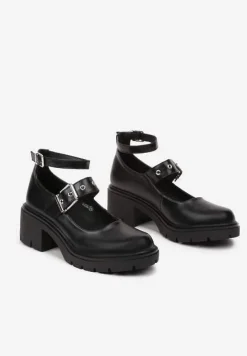 Czarne Półbuty na Słupku Ozdobione Sprzączkami i Paskami Emmita