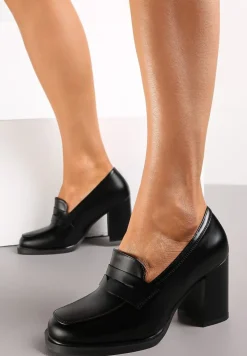 Czarne Półbuty na Słupku z Kwadratowym Noskiem Teiga