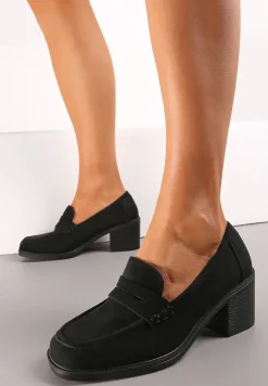 Czarne Półbuty na Słupku z Kwadratowym Noskiem Zeze