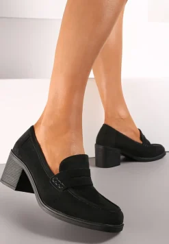 Czarne Półbuty na Słupku z Kwadratowym Noskiem Zeze