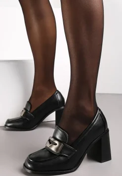 Czarne Półbuty na Słupku z Klamerką i Kwadratowym Noskiem Fenicva