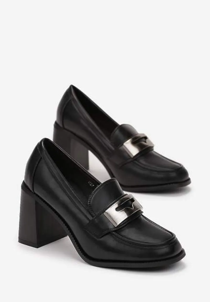 Czarne Półbuty na Słupku z Klamerką i Kwadratowym Noskiem Fenicva