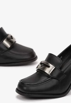 Czarne Półbuty na Słupku z Klamerką i Kwadratowym Noskiem Fenicva