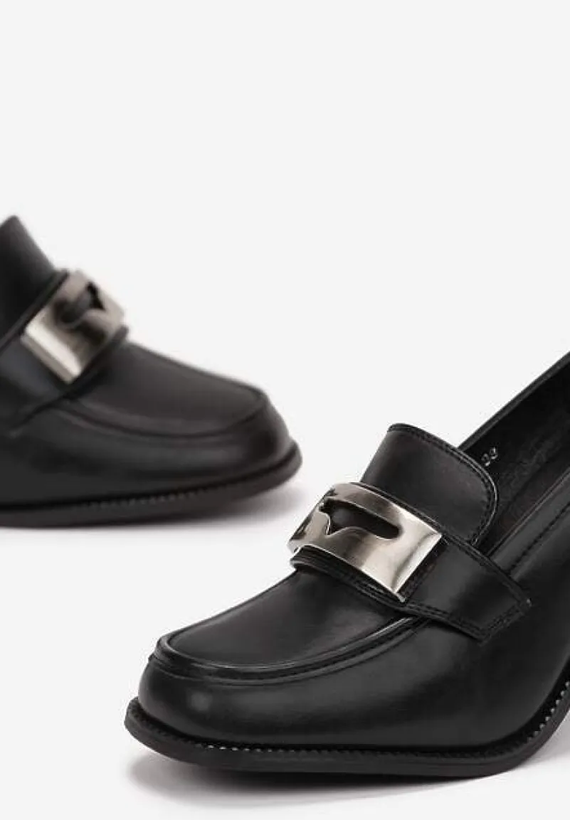 Czarne Półbuty na Słupku z Klamerką i Kwadratowym Noskiem Fenicva