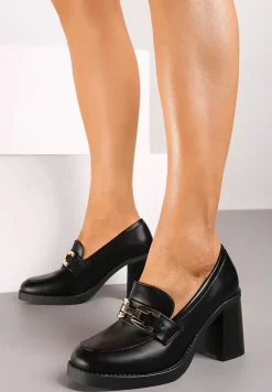 Czarne Półbuty na Słupku z Klamrą Stylizowane na Mokasyny Gerisa