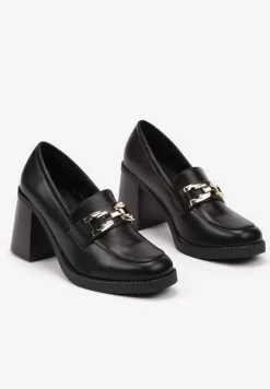 Czarne Półbuty na Słupku z Klamrą Stylizowane na Mokasyny Gerisa