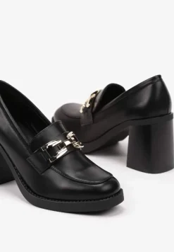 Czarne Półbuty na Słupku z Klamrą Stylizowane na Mokasyny Gerisa