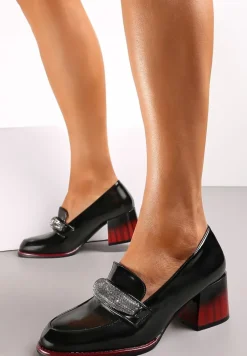 Czarne Półbuty na Słupku z Klamerką i Wkładką ze Skóry Naturalnej Lecjana