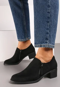 Czarne Półbuty na Słupku z Niską Cholewką Ozdobioną Suwakiem Ansolee